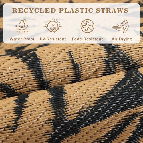 Round Outdoor Rug 6 Ft for Patio, Black & Brown Large Reversible Waterproof Plastic Carpet, Lightweight & Easy to Clean RV Camping Mat, Suitable for Deck, Picnic, Porch, Balcony and Beach - color: Black, size: 6' (Round)