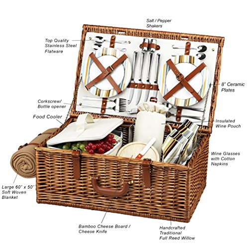 Picnic at Ascot Original Dorset English-Style Willow Picnic Basket with Service for 4 and Blanket- Designed, Assembled & Quality Approved in the USA - color: Wicker With Santa Cruz Plates/Napkins