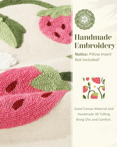 Embroidered Throw Pillow Cover 18x18 Inch - Spring Summer Boho Decorative Pillow Cover with Zipper for Living Room Couch Sofa Bed Aesthetic Design Branch Strawberry Cushion Pillowcase - color: Branch-strawberry, size: 18" x 18" (Pack of 1)