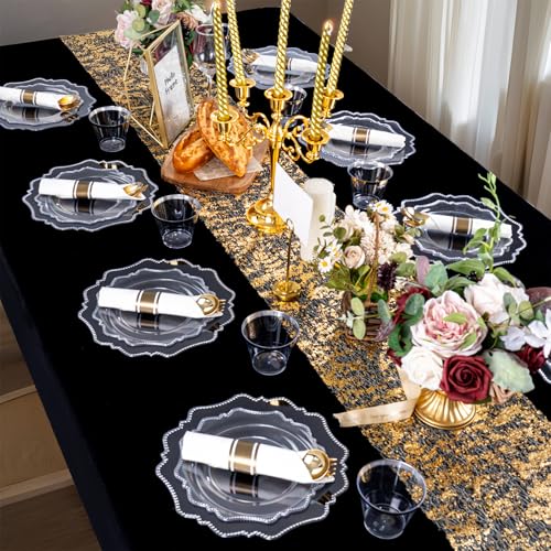COLOSUS 350pcs Clear Plastic Plates Disposable Gold Cutlery Dinnerware set for party: 50 Dinner Plate, 50 Dessert Plate, 50 Per Rolled Napkins with Gold Silverware, 50 Cups 9 OZ for Thanksgiving - color: Clear