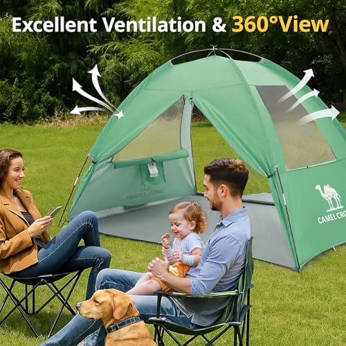 CAMEL CROWN Beach Tent UPF 50+ Sun Shelter for 2/3/5/6 Person, Lightweight Portable Sun Shade with Sand Anchor, Family Beach Day & Outdoor Adventures - color: Grass Green, size: 2/3 Person