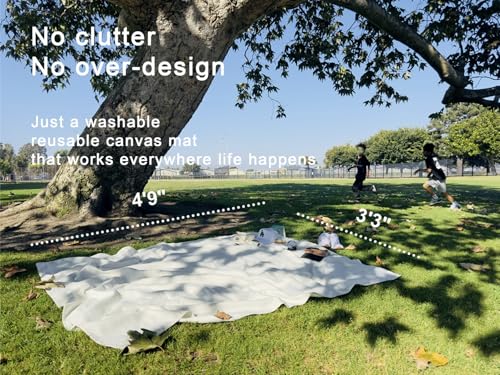 Kids Picnic Blanket, Kids Beach Mat – Medium 4’9” × 3’3” Compact Canvas, Easy to Fold & Carry - color: Creamy White + Dark Olive Strap, size: 4'9" x 3'3"