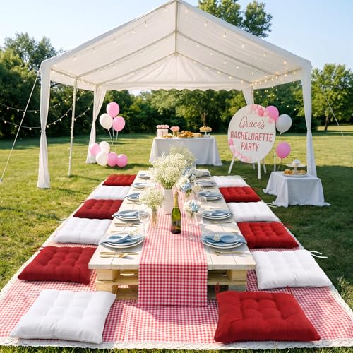 Extra Large Outdoor Picnic Blanket with Table Runner and Floor Pillow Cushion for Picnic Wedding Birthday Baby Shower Backyard Decor(59 x 102'',Burgundy,White,8 Pcs) - color: Burgundy,white