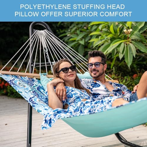 Lazy Daze Hammocks 12FT Quilted Fabric Hammock with Soft Pillow, Double 2 Person Tree Hammock with Spreader Bar for Outdoor Outside Patio Garden Yard Pool Beach, 450lbs Capacity - color: Floral Auqa