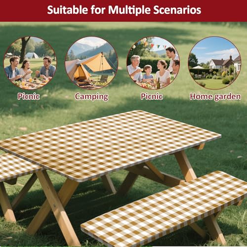 6ft Picnic Table and Bench Cover, Camping Essentials RV Gear, 72 in Waterproof Windproof Outdoor Elastic All Around Tablecloth, Fitted Rectangle Tables and Seats, Coffee-White Checkered - color: Coffee-white Checkered, size: 72"