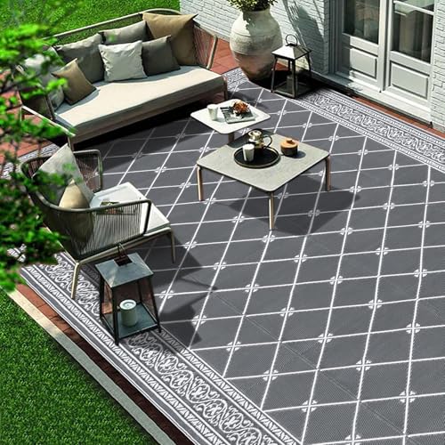 Outdoor Rug 9'x18' for Patios Clearance, Reversible Outdoor Plastic Straw Waterproof Camping Carpet, Large Area Rugs Patio Mats for Outside RV, Camper, Deck, Porch, Beach, Picnic, Grey&White - color: Classic Grey, size: 9' x 18' (Rectangular)