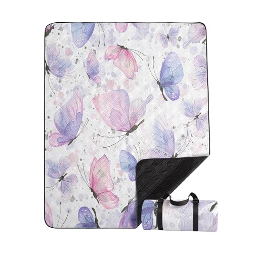 Outdoor Picnic Blanket,Portable Sandproof Waterproof Picnic Mat,Pink Butterfly Printed Camping Beach Mat for Sand and Wet Grass Hiking (Pink Butterfly S) - color: Purple Pink Butterfly, size: Standard - 59"x78"