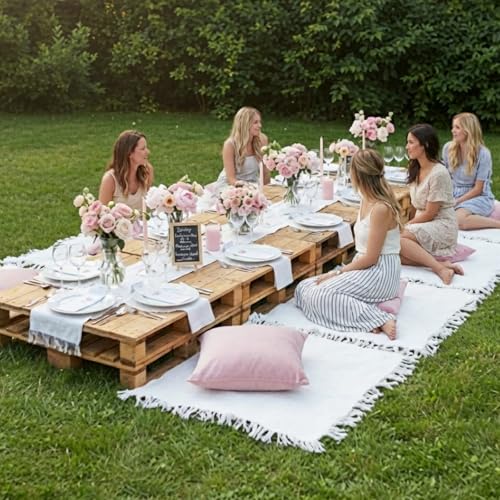 Hahafelt 8 Pcs Outdoor Picnic Blanket 35"x35" Boho Blanket Woven Cotton Yarn Portable Mat Plaid with Fringe Washable for Picnic Party Camping Beach Travel Lawn Indoor Bohemia Decor (White)