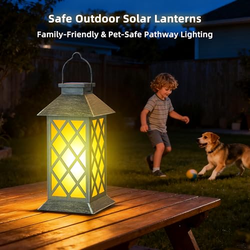 2 Pack 13" Solar Lanterns with Flickering Flame Candle, Outdoor Waterproof Hanging Lantern Lights Metal & Glass for Patio, Pathway, Garden Decorative, Gifts for Mom - style: Bronze-Cross01