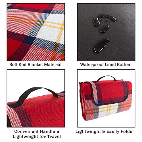 Outdoor Picnic Blanket with Foam Padding - Waterproof and Foldable Beach Mat for Travel, Camping, Festivals, and Sports by Wakeman (Red Plaid)