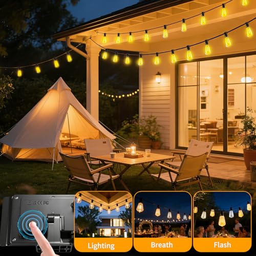 Solar Lights Outdoor Waterproof: ST38 33FT 10M Shatterproof Bulbs Patio Lights - Solar Powered & USB Charging- Remote Control 3 Light Modes Dimmable Solar Light - Camping Backyard Garden - size: 33FT-Remote