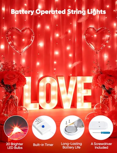 Minetom 12 Pack Red Christmas Lights, 7ft 20 LED Fairy Lights Battery Operated String Lights, Valentines Day Decorations, 8 Modes Waterproof Silver Wire Twinkle Lights, Valentine's Day Lights - color: Red, size: 12 Pack