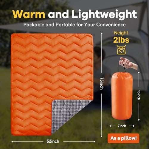 UNIKOME Waterproof Puffy Camping Blanket - Lightweight Packable Outdoor Quilt with Corner Loops, Warm Compact Blanket for Cold Weather Hiking Picnic Stadium Travel, 75"×52", Orange - color: 06 Orange