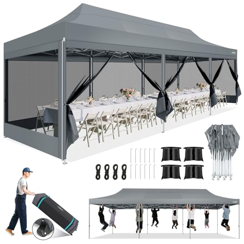 COBIZI 10x30 Canopy Tent, Heavy Duty Pop up Canopy with Sidewalls, Waterproof Easy Setup Canopy with Mosquito Netting, Outdoor Instant Screen Tents for Parties, Wedding with Roller Bag, Gray - color: Gray, size: 10x30FT