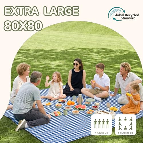 Genovega Waterproof Picnic Blanket Beach Outdoor Mat Rug Registry Wedding Search by Name Must Have Items Newly Wed Married Couple Gifts Bridal Husband Wife Men Women Mr Mrs 1 Anniversary Present - color: Checkered Navy, size: 6'8" x 6'8" (Square)