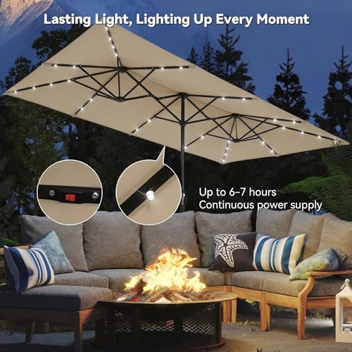 15×15ft Outdoor Patio Umbrella, Double Sided Market Rectangle Umbrella with Crank Handle, Large Sun Shade for Outside Deck, Backyard, Garden - color: Beige with LED lights