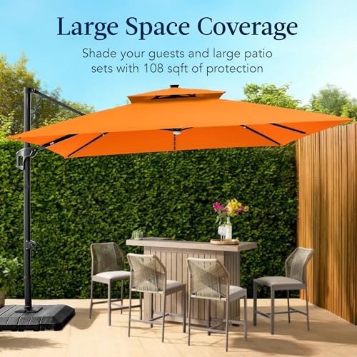 Best Choice Products 9x12ft LED Cantilever Patio Umbrella w/Base Included & 360° Rotation, Large Solar Offset Hanging Outdoor Sun Shade for Deck, Backyard Table w/Stand & Lights – Orange - color: Orange, size: 9x12ft