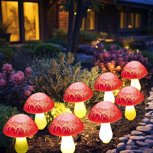 Solar Mushroom Lights Garden Decor 8 Red Crack Mushrooms Outdoor Decor Stake Lights, Waterproof Solar Pathway Light Gardening Gifts for Landscape Easter Gnomes Yard Halloween Christmas Decorations - color: Red