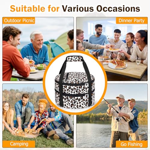 Round Double Insulated Casserole Carrier – 12" Portable Pie Carrier Bag for Hot or Cold Food, Leakproof Thermal Lunch Tote with Handle for Parties Picnic & Travel - Leopard - color: Leopard, size: Double