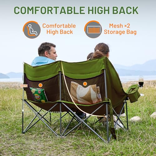 Timber Ridge Double Camping Chair, Heavy Duty Outdoor Folding Camp Couch, Loveseat Camping Chairs Perfect for Campsites, Patio/Lawn, Soccer Games or Other Youth Sports, Supports 600 lbs - color: Loveseat Green