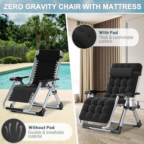 ABORON Zero Gravity Chair,Premium Outdoor Lawn Folding Lounge Chairs,Sturdy Adjustable Reclining Patio Chairs with Removable Cushion,Headrest & Tray - color: A Dark Black