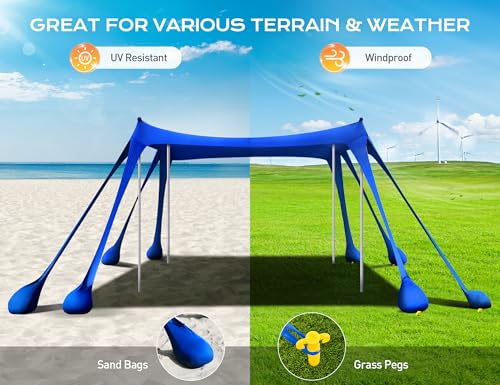 Rengue Beach Tent, Beach Canopy UPF50+ UV Protection, 10x10ft Beach Shade Sun Shelter with 8 Sandbags, Sand Shovels, Ground Pegs, Stability Poles for Camping, Fishing, Picnic, Backyard Fun, Royal Blue - color: Royal Blue