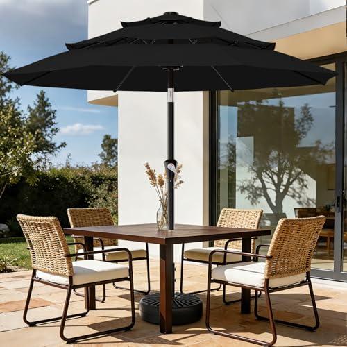 AreShark 9ft 3-Tier Patio Umbrellas, Outdoor Umbrella with 8 Sturdy Ribs UV Protection Windproof, Market Table Umbrella w/Push Button Tilt & Crank for Pool, Porch, Deck, Garden(Black) - color: Black