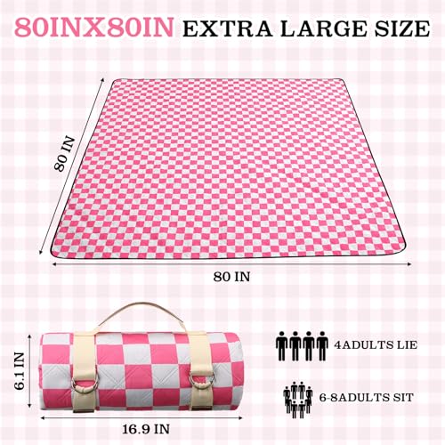 Nuanchu Checkered Picnic Blanket Extra Large Outdoor Blanket Sandproof 80"x80" Waterproof Portable Machine Washable 3 Layer Thick Gingham Picnic Mat for Beach Camping Park Grass Travel(Bright Pink) - color: Bright Pink