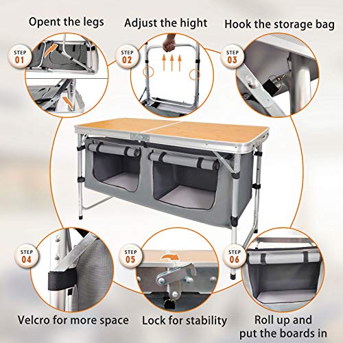 CampLand Outdoor Folding Table Aluminum Lightweight Height Adjustable with Storage Organizer for BBQ, Party, Camping - color: Bamboo