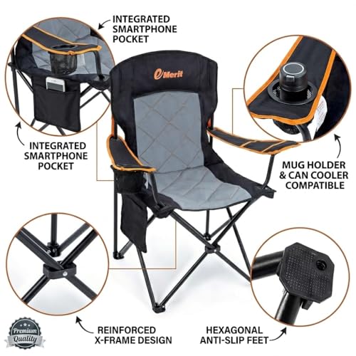 EMERIT 2 Pack Oversized Padded Camping Chair, 350LB Heavy Duty Quad Fold Chair with Arms, Collapsible Outdoor Chairs with Lumbar Back & Cup Holder - color: Black(twin Pack)