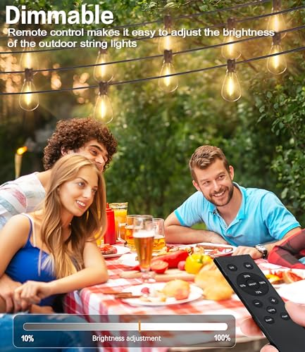 Tenmiro 100FT LED Outdoor String Lights with Remote, 35+ 1 Shatterproof Bulbs Waterproof and Dimmable Patio Lights for Porch, Garden, Backyard, Deck, Balcony, 2700K Hanging Lighting - size: 100FT-Remote