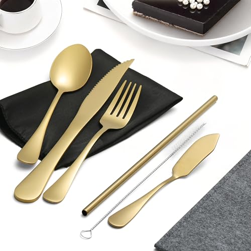 Travel Utensils with Case, Portable Silverware Set Stainless Steel Lunch Box Travel Cutlery Set for Work, Camping, Picnic, Hiking, Office (Gold) - color: Gold