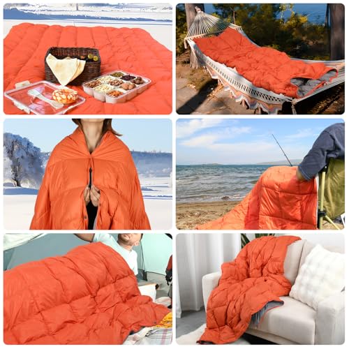 Down Camping Blanket - Lightweight, Packable, Warm & Puffy Outdoor Travel Quilt for Sleep, Hiking, Backpacking, Stadium, Festivals, Water-Resistant Sleeping Bag 55"x79" - color: Sunset Orange, size: 1LB 1.6OZ / 79" x 55"