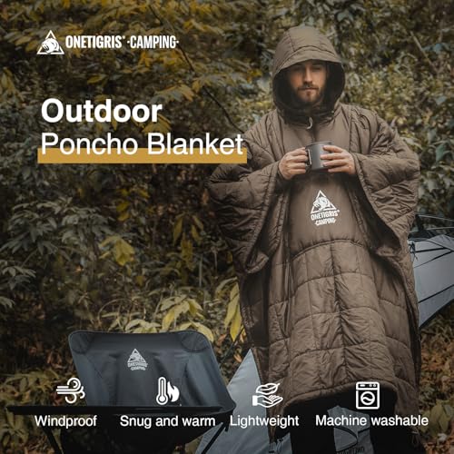 ONETIGRIS Camping Blanket Poncho with with Recycled Synthetic Insulation,Wearable Hoodie Blanket | Ultralight Water-Resistant Warm Camping Blanket for Outdoor, Hiking, Stadium - color: 1pc-brown