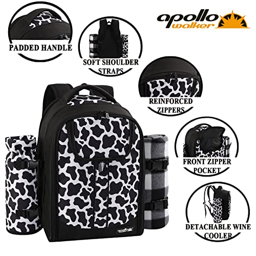 apollo walker Picnic Backpack Bag for 2 Person with Cooler Compartment, Detachable Bottle/Wine Holder, Fleece Blanket, Plates and Cutlery Set (2 Person, Black) - color: Black, size: 2 Person