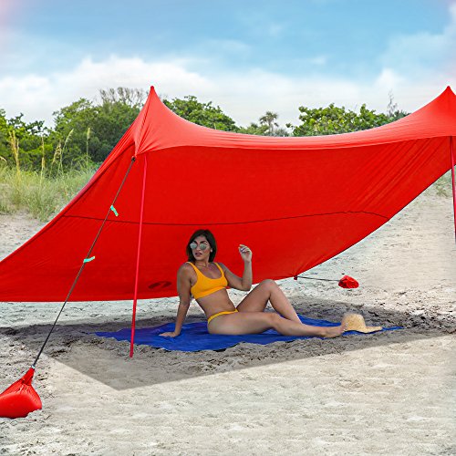 Red Suricata Family Beach Tent & Beach Canopy, UPF50 Sun Beach Shade, Sunshade with 4 Aluminum Poles, 4 Pole Anchors & Sand Shovel, Large & Portable Sun Shelter Tarp (Large, Red) - color: Red, size: Large 10' x 9'