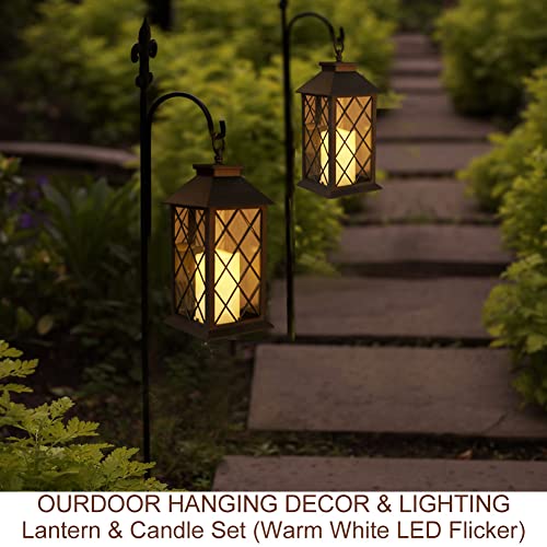 2-Pack 13.5" Vintage Candle Lantern with LED Pillar Candle (Black, 6hr Timer) - IP44 Waterproof Battery Powered Decorative Light - Outdoor Patio Hanging Lantern Decorative Tabletop Light - color: [ 2-pack ] Textured Black Lantern - White Candle, size: 13.
