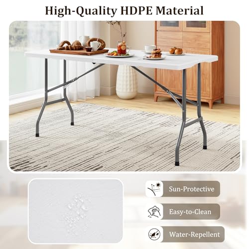 Goplus 5ft Folding Table, Indoor Outdoor Foldable Plastic Folding Tables, Heavy-Duty Rectangular Fold Up Table w/Handle, Portable Utility Card Table for Picnic, Party, Dining, Camping, Beach, White - color: White, size: 5FT