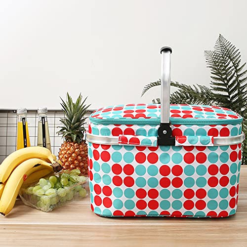 Insulated Picnic Basket 26L Portable Collapsible Market Leakproof Tote with Aluminum Handle for Camping, Shopping, Travel, Large Size (Polka Dot) - color: Polka Dot