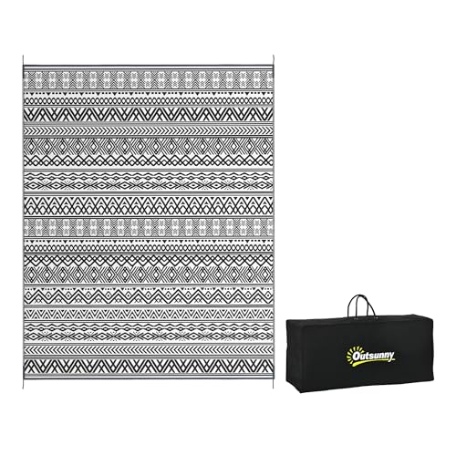 Outsunny Outdoor Rug for Patio, 8' x 10' Waterproof Large Mat, Reversible Plastic Straw Rug for Decor, Portable Outside RV Camping Area Carpet Mat for Backyard Porch Deck Picnic, Gray & Cream Boho - color: Gray and Cream White Boho, size: 7'11" x 10' (Rec