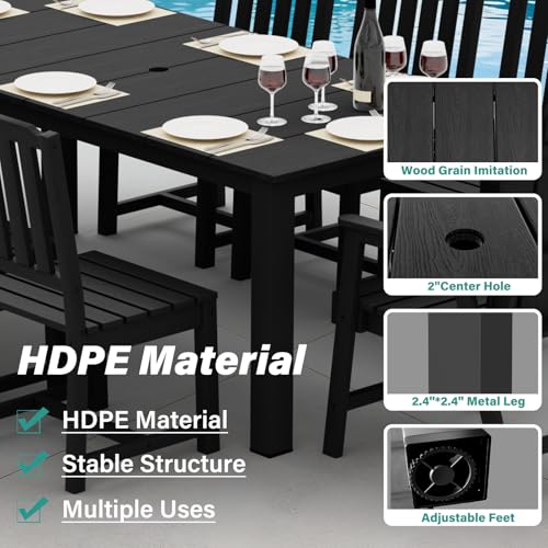9-Piece Patio Dining Set, Outdoor Dining Set for 8, HDPE All-Weather Outdoor Furniture with 75.20” Umbrella Hole Table, 2 Armchairs & 6 Armless Chairs, Black - color: Black, size: 2 Armchairs & 6 Armless Chairs
