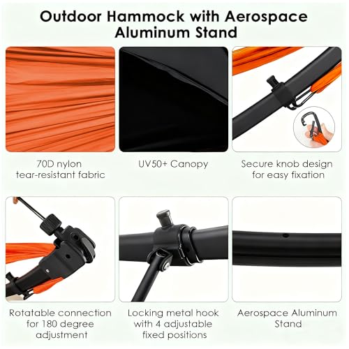 Portable Outdoor Hammock with Quick-Fold Stand,Adjustable Sunshade,Waterproof & UV-Resistant,Heavy-Duty 550lb Capacity,Travel 2-Person Hammock with Storage Bag for Camping,Backyard,Beach,Patio,Indoor - color: Orange