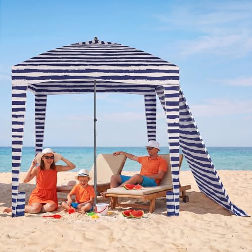 OLIXIS 6'×6' Beach Cabana Tent Sun Shelter – UPF 50+ Easy Setup Cool Canopy Tent Sun Shade with Side Wall, Wind Resistant Beach Cabana for Whole Family - color: Dark Blue Stripes, size: 6x6 ft