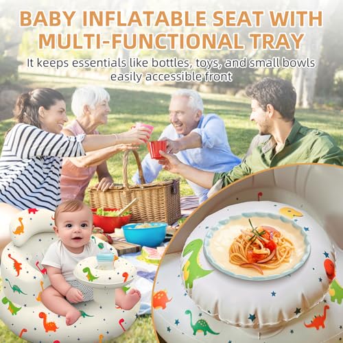 Inflatable Baby Seat with Tray, Blow up Infant Chair for Babies 3 Months and up, Comfortable Baby Floor Seats for Sitting Up, Built in Air Pump with Back Support Toddler Waterproof Sofa (Dinosaur) - color: Dinosaur