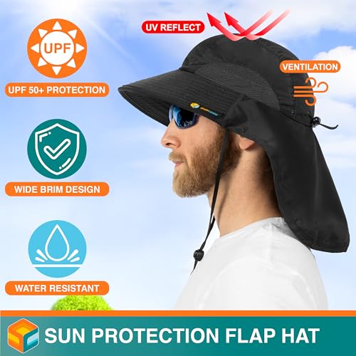 SUN CUBE Wide Brim Sun Hat with Neck Flap, UPF50+ Hiking Safari Fishing Hat for Men Women, Sun Protection Beach Hat - color: Black