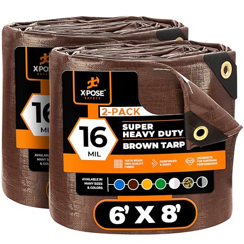 Xpose Safety Super Heavy-Duty 6' x 8' Brown Poly Tarp (2-Pack) - 16 Mil Waterproof & UV Resistant, Rip-Proof with Reinforced Edges & Grommets - color: Brown, size: 6' X 8' (2-pack)