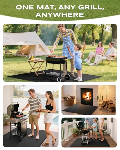 Non-Curl 48x40 inch Under Grill Mats for Outdoor Grill, Indoor Fire Pit Hearth Rugs for Fireplace, Double-Sided Fireproof, Oilproof & Waterproof BBQ Grill Mat, Easy to Clean,for Deck/Patio/Lawn - size: 48x40 in