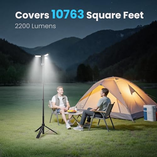 CAVN Rechargeable Camping Lights with Remote & Detachable Tripod Max Height 6.0 ft, Portable Work Light with 3 LED Lamp Heads, Camping Essentials Gear Emergency Flashlight with Hook, Black - color: Black