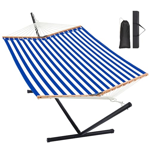 Homgava Two Person Hammock with Stand for Outside Heavy Duty, Outdoor Patio Hammock with Portable Steel Stand, Large Double Hammocks with Quick Dry Textilene Fabric,480lbs Capacity.(Blue White) - color: Blue White