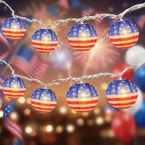 8.5Ft American Flag Lanterns String Lights Outdoor, 4th of July Decorations with 10 Nylon Mini Lanterns, Connectable Plug-in Red White Blue Lights for Independence Day Memorial Patriotic Party - color: Blue Lantern